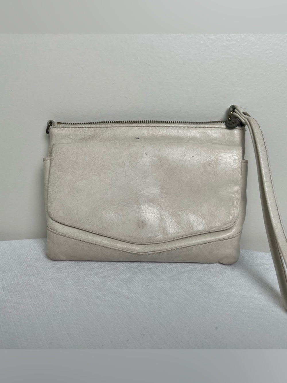 HOBO Cream Leather Wristlet Clutch with Front Flap